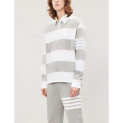 Shop Thom Browne Striped Cotton Polo Shirt In Pastel Grey