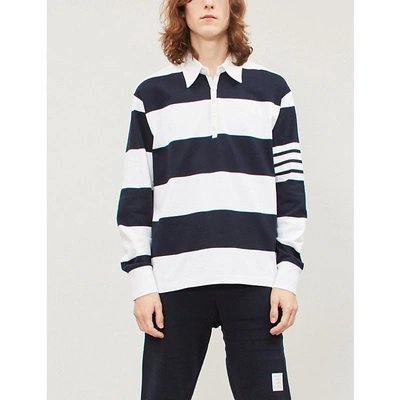 Shop Thom Browne Striped Cotton Polo Shirt In Navy