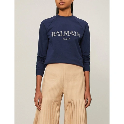 Shop Balmain Womens Dark Blue Logo-print Cotton-jersey Sweatshirt