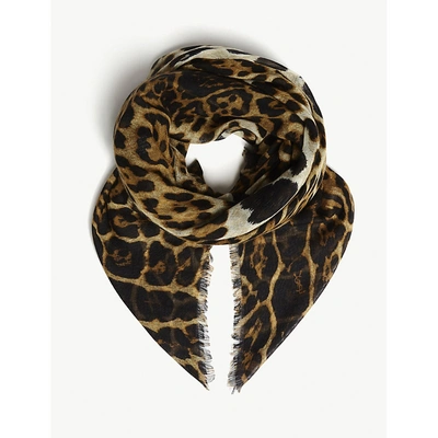 Shop Saint Laurent Womens Brown And Black Leopard Print Cashmere-blend Scarf In Brown/black