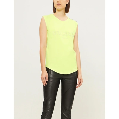 Shop Balmain Womens Yellow Logo-print Cotton-jersey Short Sleeve T-shirt