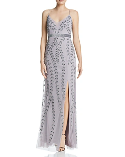 Adrianna Papell Vine Motif Beaded Evening Dress In Lilac Grey