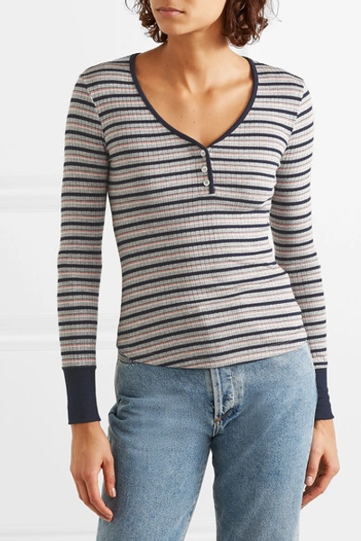 Shop Frame Striped Ribbed Stretch-knit Top In Gray