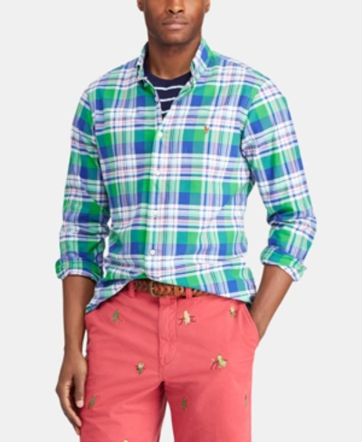 Shop Polo Ralph Lauren Men's Classic Fit Plaid Cotton Oxford Shirt In Lime/navy Multi