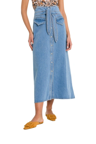 Shop Nanushka Alma Belted Denim Midi Skirt In Blu