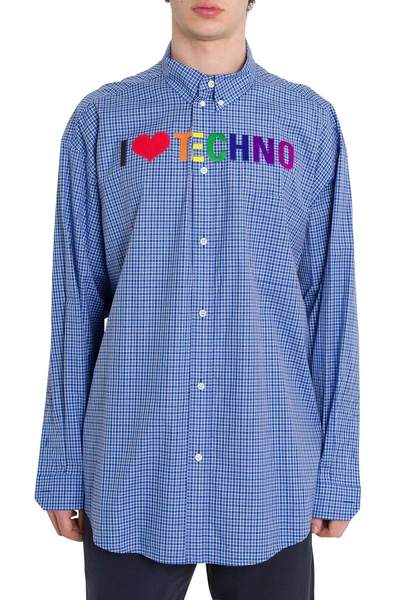 Shop Balenciaga I Love Techno Check Shirt In Blu
