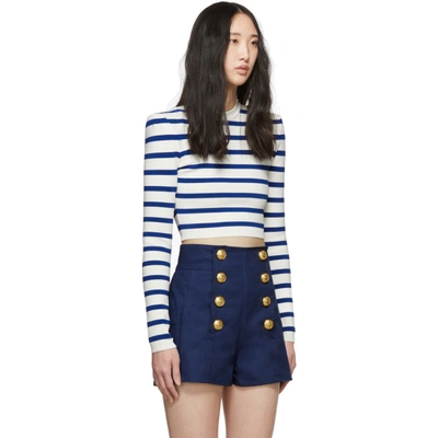 Shop Balmain White And Blue Knit Striped Short Sweater In Gbp White
