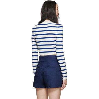 Shop Balmain White And Blue Knit Striped Short Sweater In Gbp White
