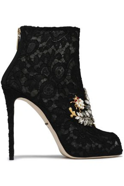 Shop Dolce & Gabbana Embellished Lace Ankle Boots In Black