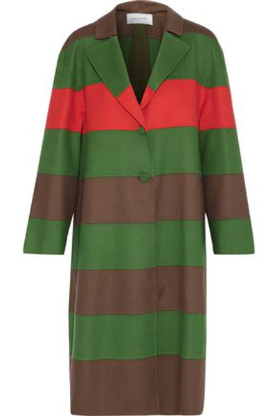 Shop Valentino Woman Paneled Striped Wool-felt Coat Leaf Green