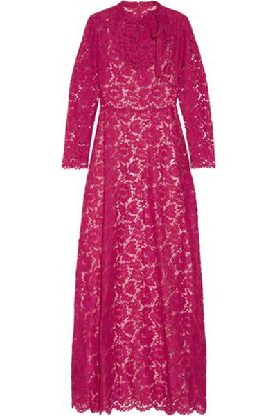 Shop Valentino Woman Pleated Bow-embellished Corded Lace Gown Fuchsia