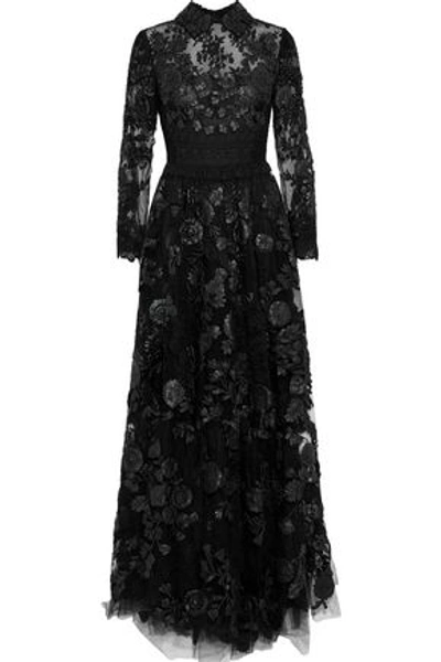 Shop Valentino Woman Crochet-paneled Leather-appliquéd Lace Gown Black