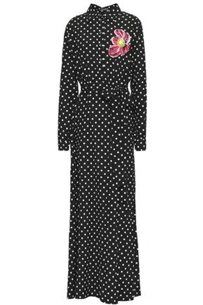 Shop Dolce & Gabbana Woman Appliquéd Polka-dot Stretch-silk Maxi Shirt Dress Black