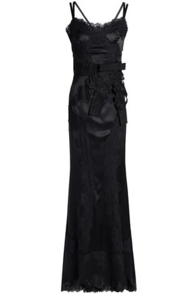 Shop Dolce & Gabbana Lace-paneled Bow-embellished Silk-blend Satin Gown In Black