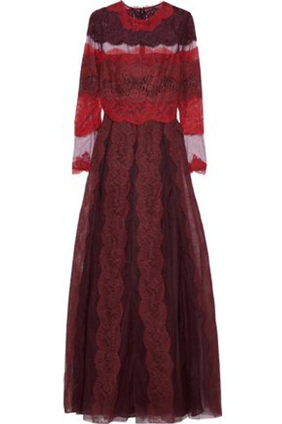Shop Valentino Paneled Lace And Tulle Maxi Dress In Claret