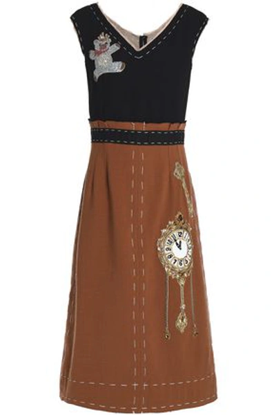 Shop Dolce & Gabbana Woman Appliquéd Two-tone Wool-crepe Midi Dress Light Brown