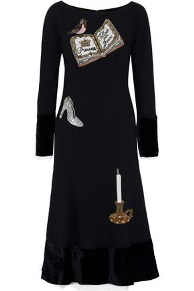 Shop Dolce & Gabbana Woman Velvet-paneled Appliquéd Wool-blend Midi Dress Black