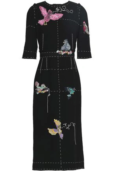 Shop Dolce & Gabbana Appliquéd Wool-crepe Midi Dress In Black