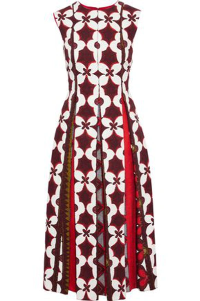 Shop Valentino Woman Printed Cotton And Flax-blend Midi Dress Claret