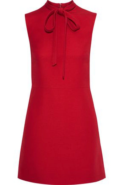 Shop Valentino Pussy-bow Wool-crepe Mini Dress In Red