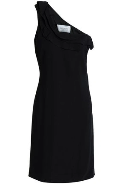 Shop Valentino One-shoulder Ruffled Crepe Mini Dress In Black