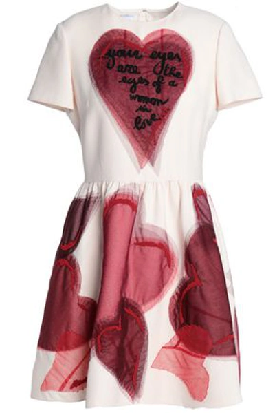 Shop Valentino Woman Embellished Tulle-appliquéd Wool And Silk-blend Mini Dress Ecru