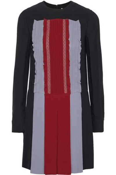 Shop Valentino Lace-trimmed Pleated Color-block Silk-crepe Mini Dress In Black