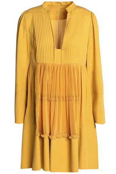 Shop Valentino Plissé-paneled Silk Crepe De Chine Mini Dress In Marigold