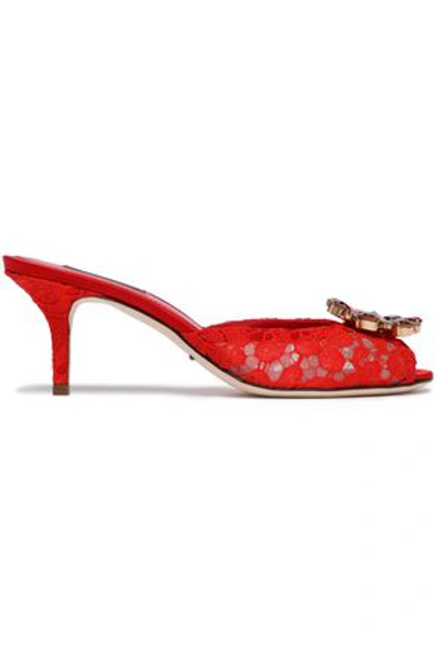 Shop Dolce & Gabbana Crystal-embellished Corded Lace Mules In Tomato Red