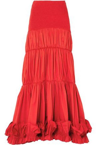 Shop Johanna Ortiz Woman Fleur De Geisha Ruched Stretch-cotton Poplin Maxi Skirt Tomato Red