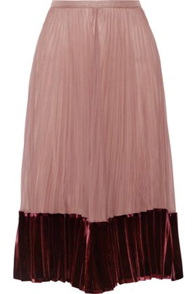 Shop Valentino Woman Velvet-paneled Pleated Silk Crepe De Chine Midi Skirt Antique Rose