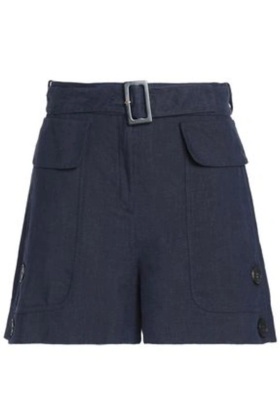 Shop Valentino Belted Linen Shorts In Midnight Blue