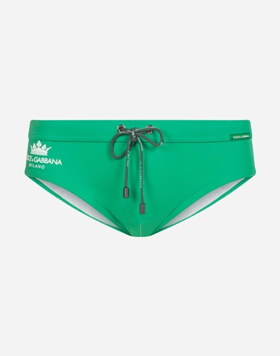 Shop Dolce & Gabbana Swimming Briefs With Crown Print And Pouch Bag In Green