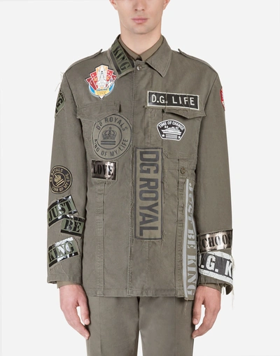 Shop Dolce & Gabbana Military Jacket In Cotton With Patch In Green