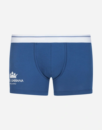 Shop Dolce & Gabbana Boxers In Stretch Cotton Pima With Crown Print In Light Blue