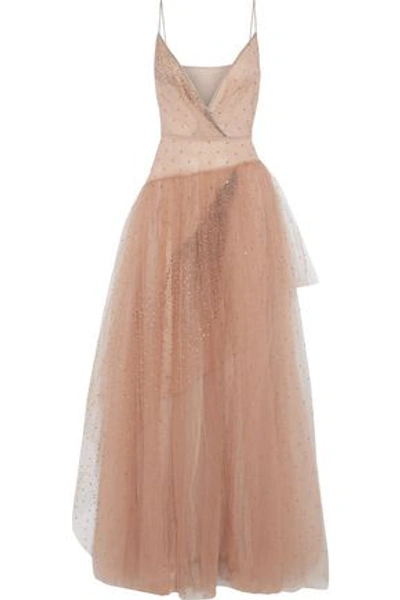 Shop Valentino Woman Wrap-effect Crystal-embellished Tulle Gown Blush