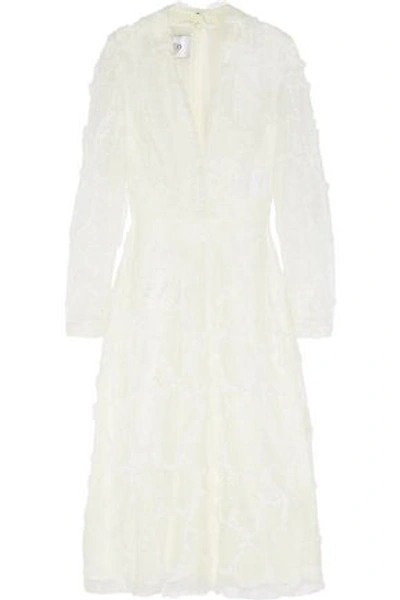 Shop Valentino Woman Patchwork Lace, Tulle And Point D'esprit Midi Dress Off-white