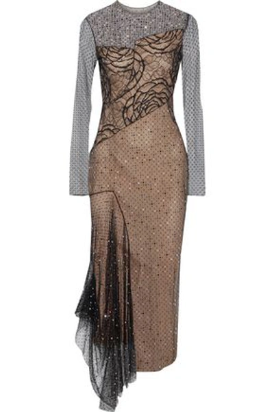 Shop Jason Wu Woman Lace-paneled Crystal-embellished Swiss-dot Tulle Midi Dress Beige