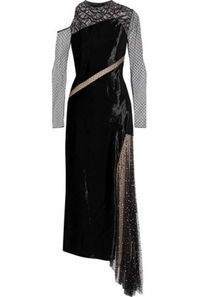 Shop Jason Wu Woman Asymmetric Embellished Lace, Swiss-dot Tulle And Velvet Midi Dress Black