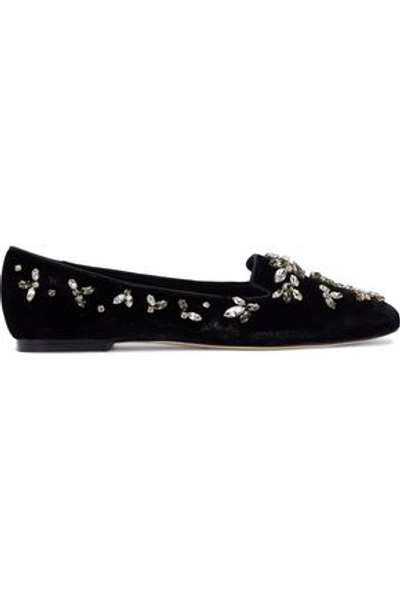 Shop Dolce & Gabbana Woman Crystal-embellished Velvet Slippers Black