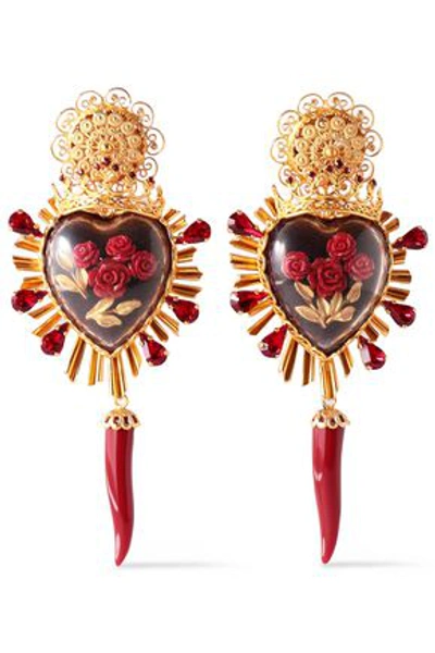Shop Dolce & Gabbana Woman Gold-tone, Crystal And Resin Clip Earrings Gold