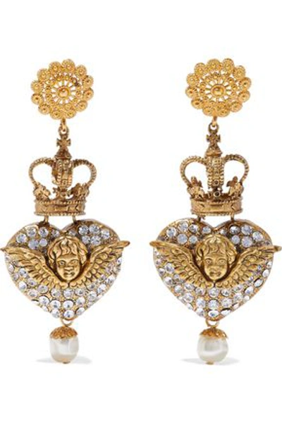 Shop Dolce & Gabbana Woman Gold-tone, Crystal And Faux Pearl Clip Earrings Gold