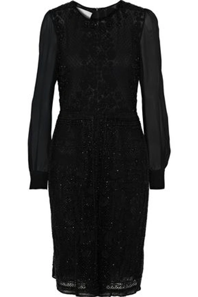 Shop Valentino Georgette-paneled Beaded Tulle Playsuit In Black