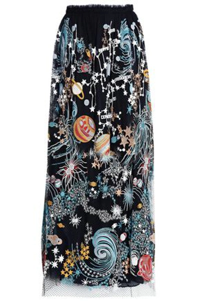 Shop Valentino Woman Embroidered Net And Tulle Maxi Skirt Black