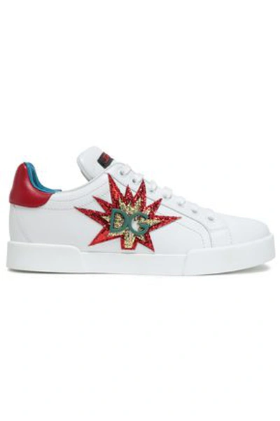 Shop Dolce & Gabbana Appliquéd Leather Sneakers In White