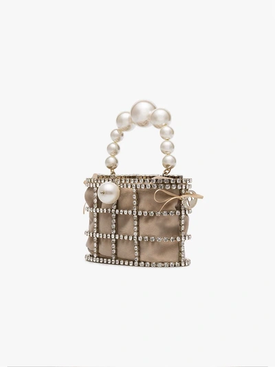 Shop Rosantica Beige Holli Pearl Embellished Brass Cage Bag In Metallic