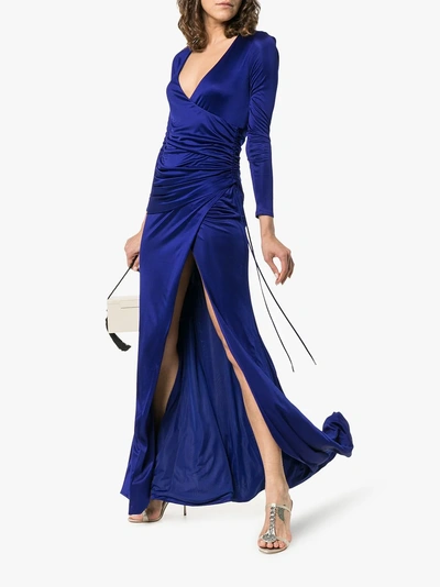 Shop Galvan Allegra Ruched Side High Split Maxi Dress In Cobalt
