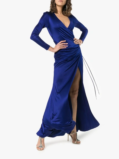 Shop Galvan Allegra Ruched Side High Split Maxi Dress In Cobalt