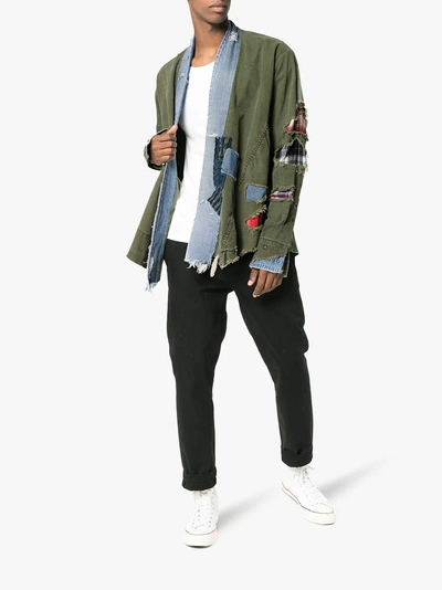 Shop Greg Lauren Denim Collar And Raw Hem Cotton Jacket In Green