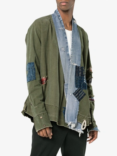 Shop Greg Lauren Denim Collar And Raw Hem Cotton Jacket In Green
